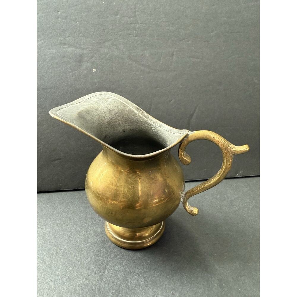 Vintage Solid Brass Pitcher Curved Handle Wide Mouth 4” Made In India MCM Retro